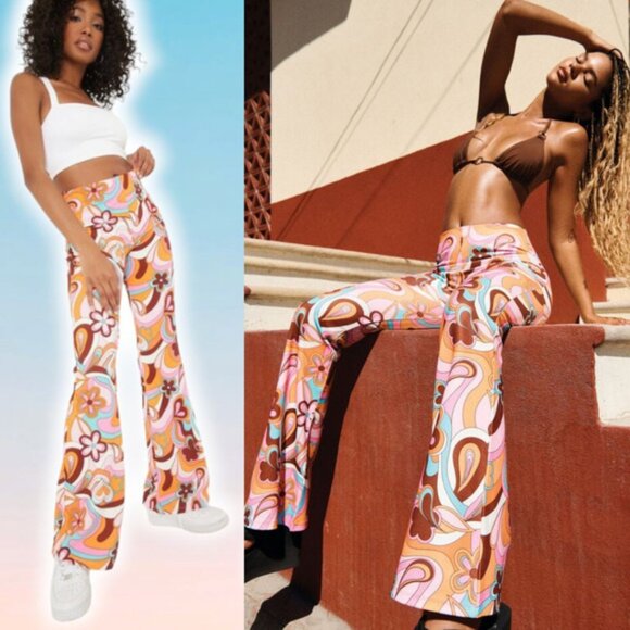NWT GARAGE Odessa Flare Pant Sz XS Retro 70's Print - Picture 1 of 8